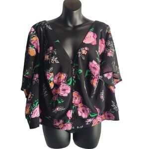 Torrid Floral Chiffon Smocked Back Crop Blouse Black Pink  Flowy Sleeve  Sz 4